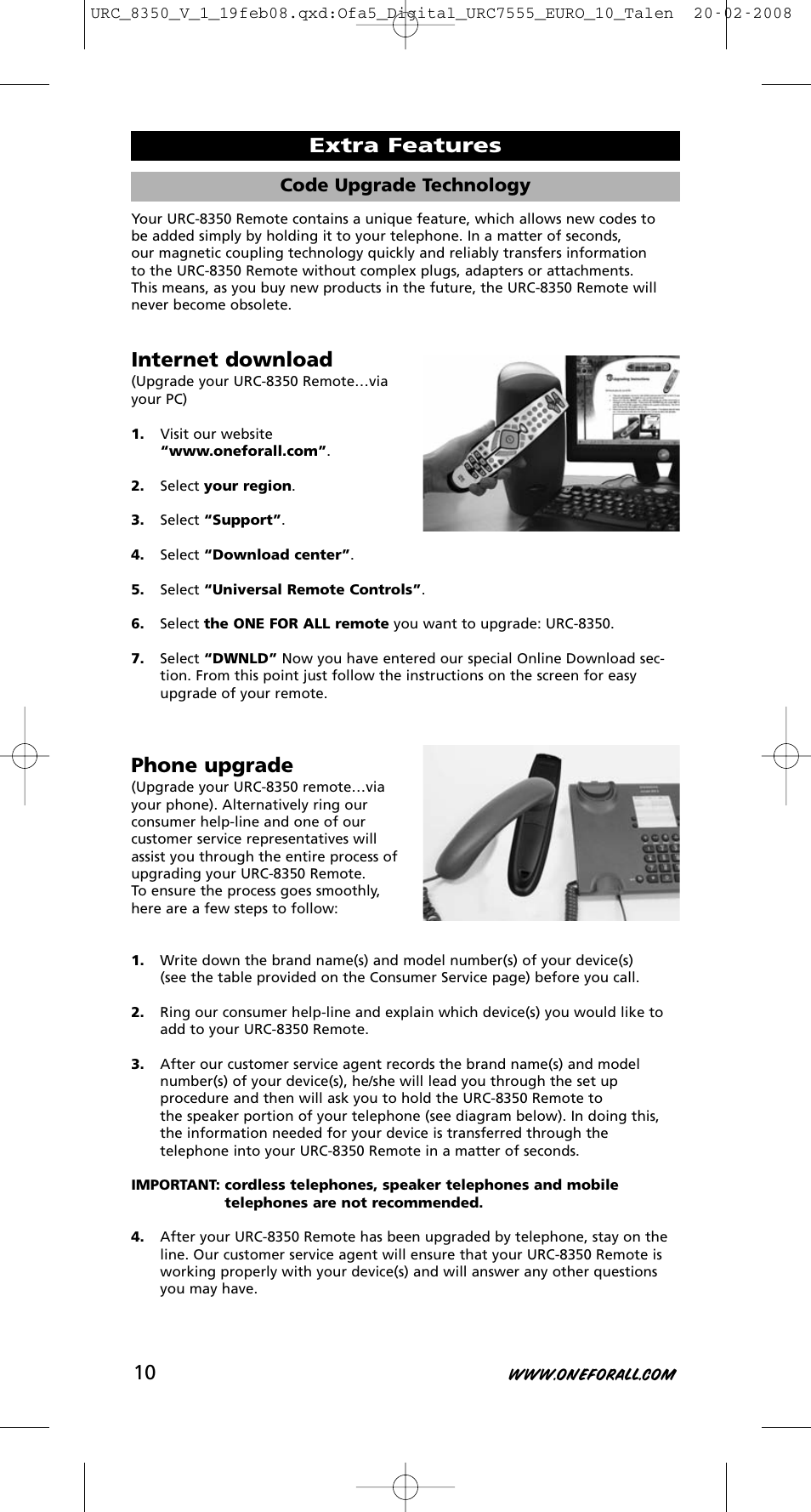 Extra features 10, Internet download, Phone upgrade | Code upgrade technology | One for All URC-8350 User Manual | Page 11 / 152