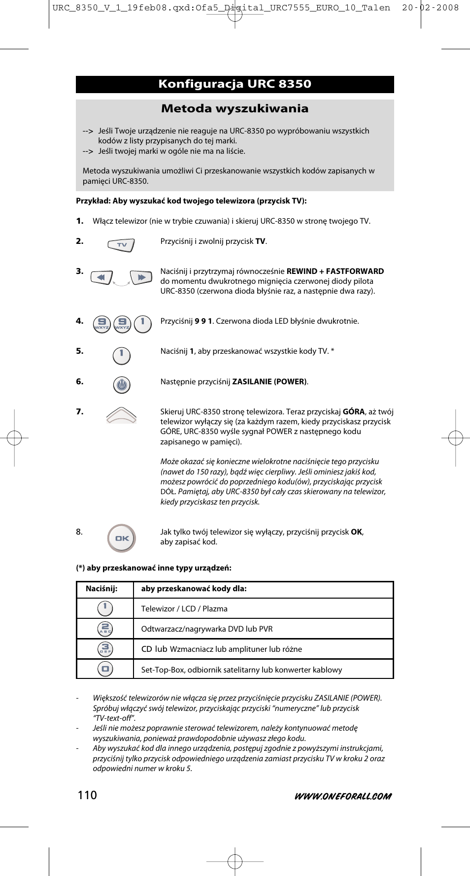 Konfiguracja urc 8350 metoda wyszukiwania | One for All URC-8350 User Manual | Page 111 / 152