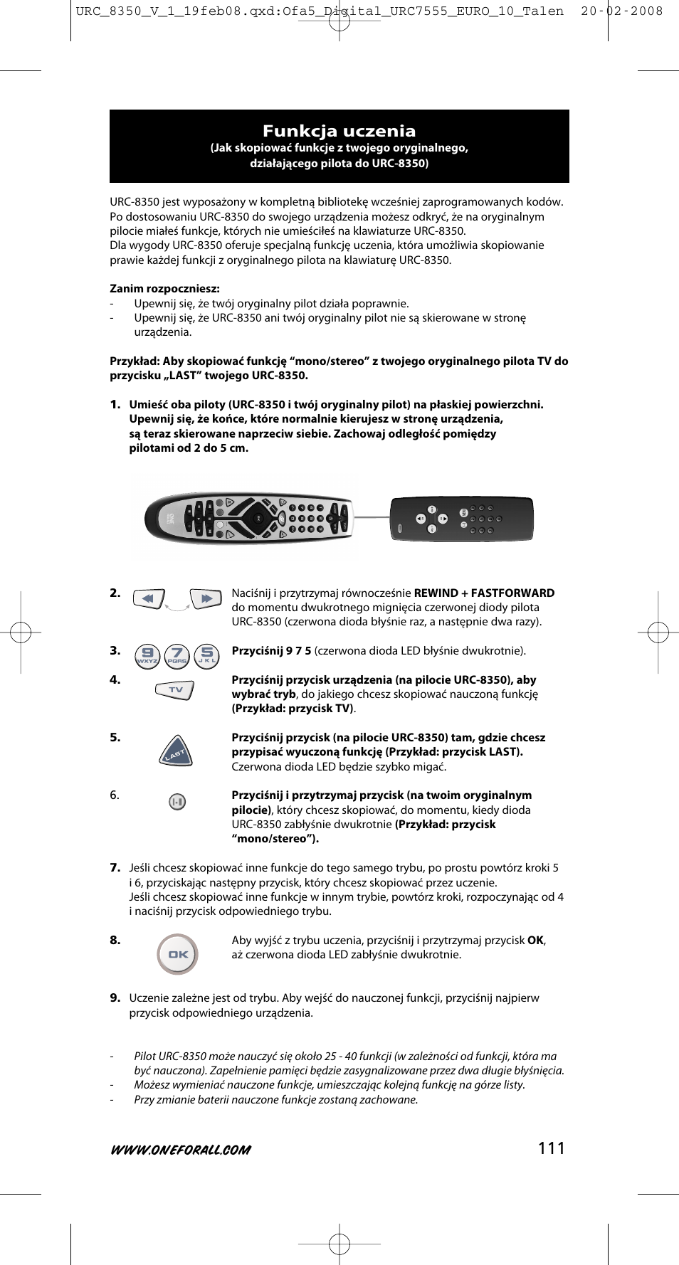 Funkcja uczenia | One for All URC-8350 User Manual | Page 112 / 152