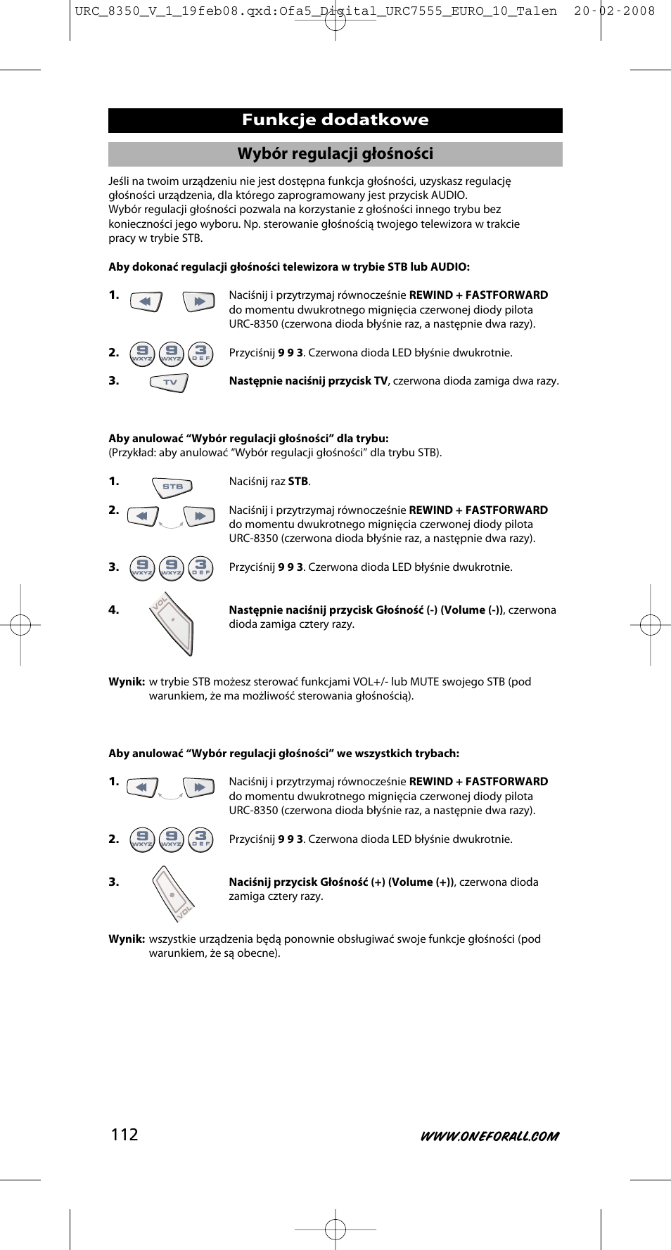 Funkcje dodatkowe, Wybór regulacji głośności | One for All URC-8350 User Manual | Page 113 / 152