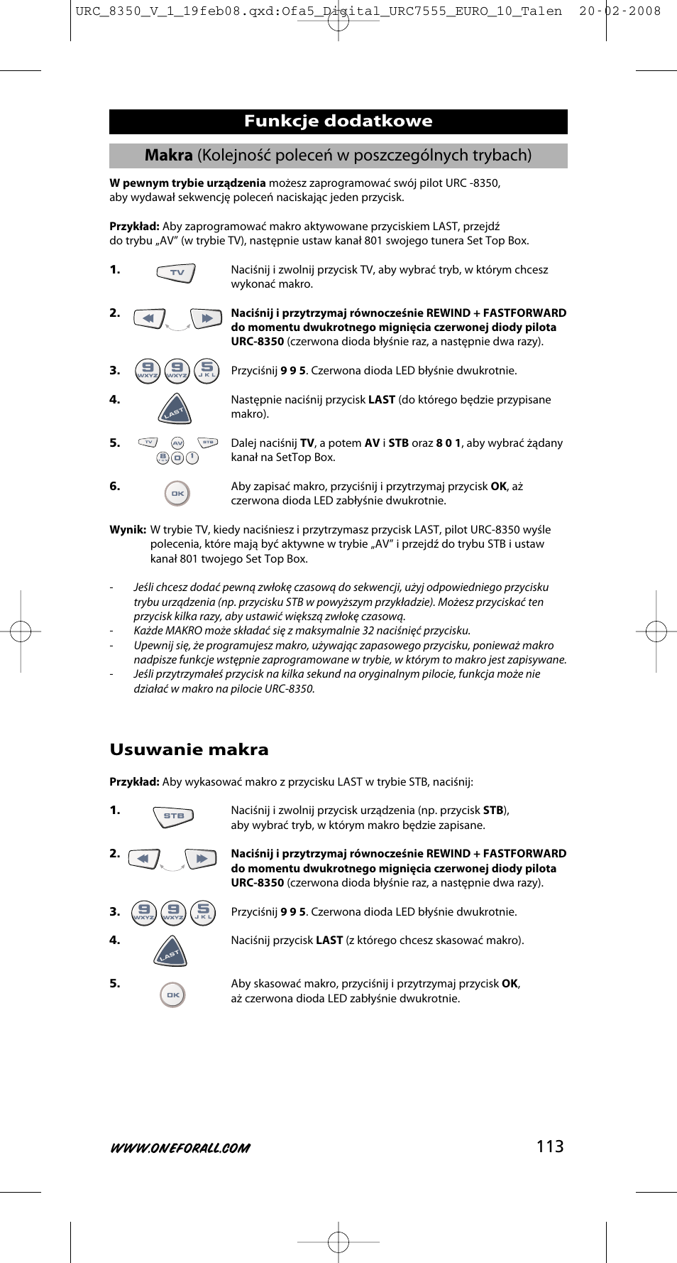 Usuwanie makra | One for All URC-8350 User Manual | Page 114 / 152