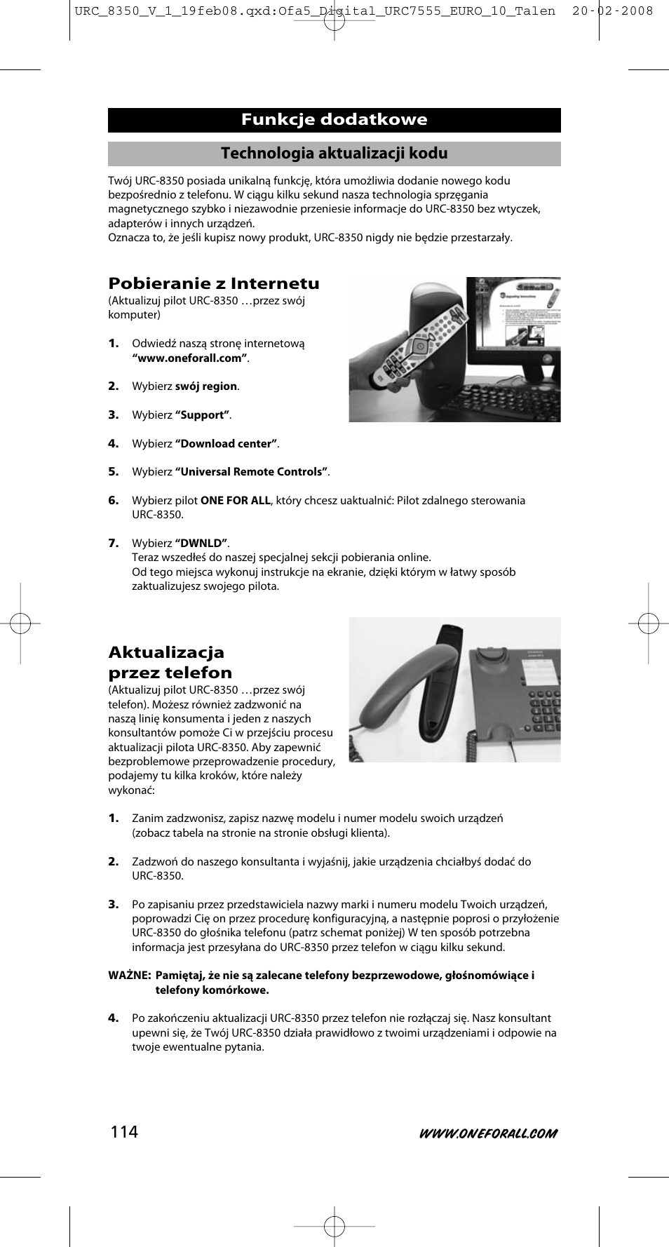 Funkcje dodatkowe, Pobieranie z internetu, Aktualizacja przez telefon | Technologia aktualizacji kodu | One for All URC-8350 User Manual | Page 115 / 152