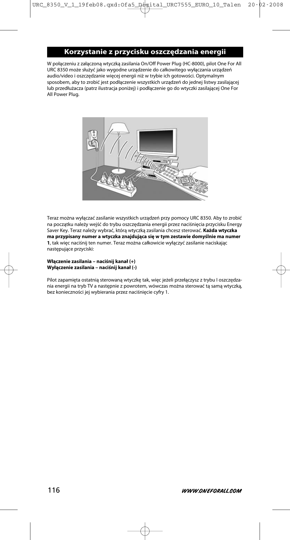 Korzystanie z przycisku oszczędzania energii | One for All URC-8350 User Manual | Page 117 / 152