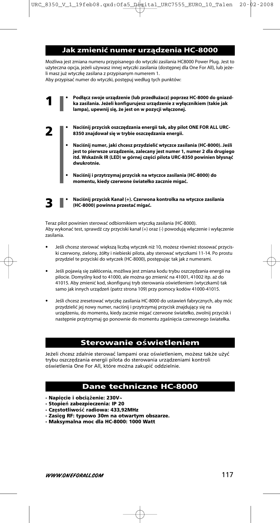 Sterowanie o świetleniem, Dane techniczne hc-8000, Jak zmienić numer urządzenia hc-8000 | One for All URC-8350 User Manual | Page 118 / 152