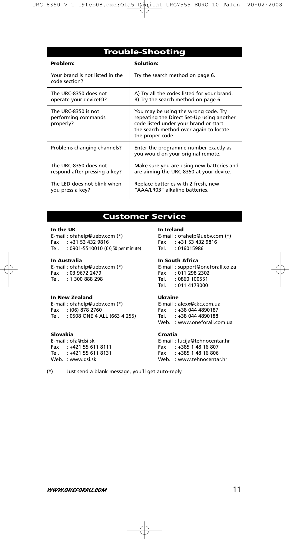 Trouble-shooting customer service | One for All URC-8350 User Manual | Page 12 / 152