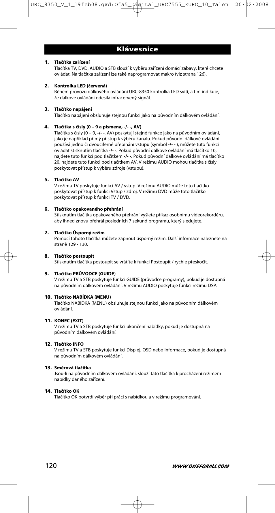 Klávesnice | One for All URC-8350 User Manual | Page 121 / 152