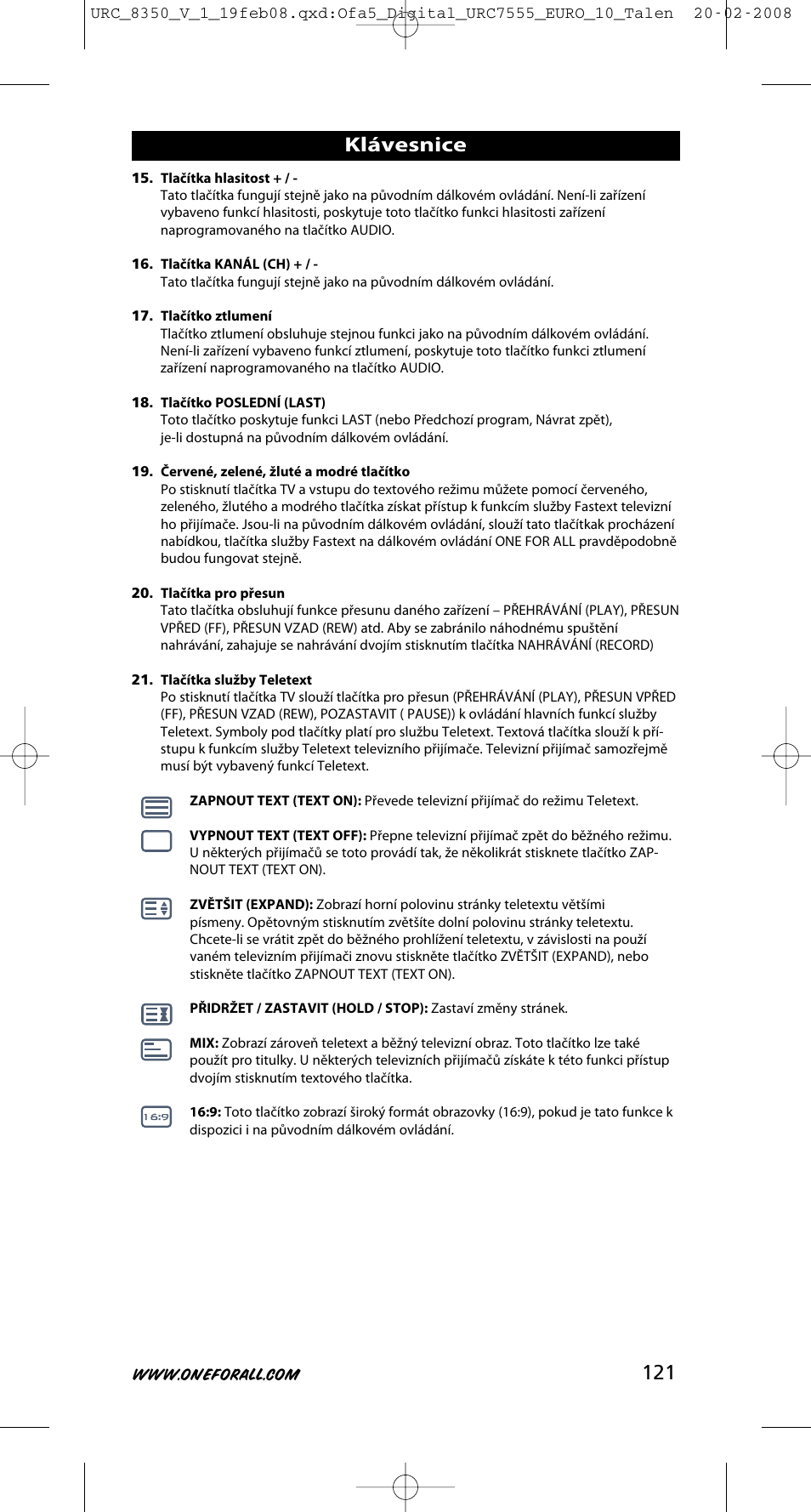 Klávesnice | One for All URC-8350 User Manual | Page 122 / 152