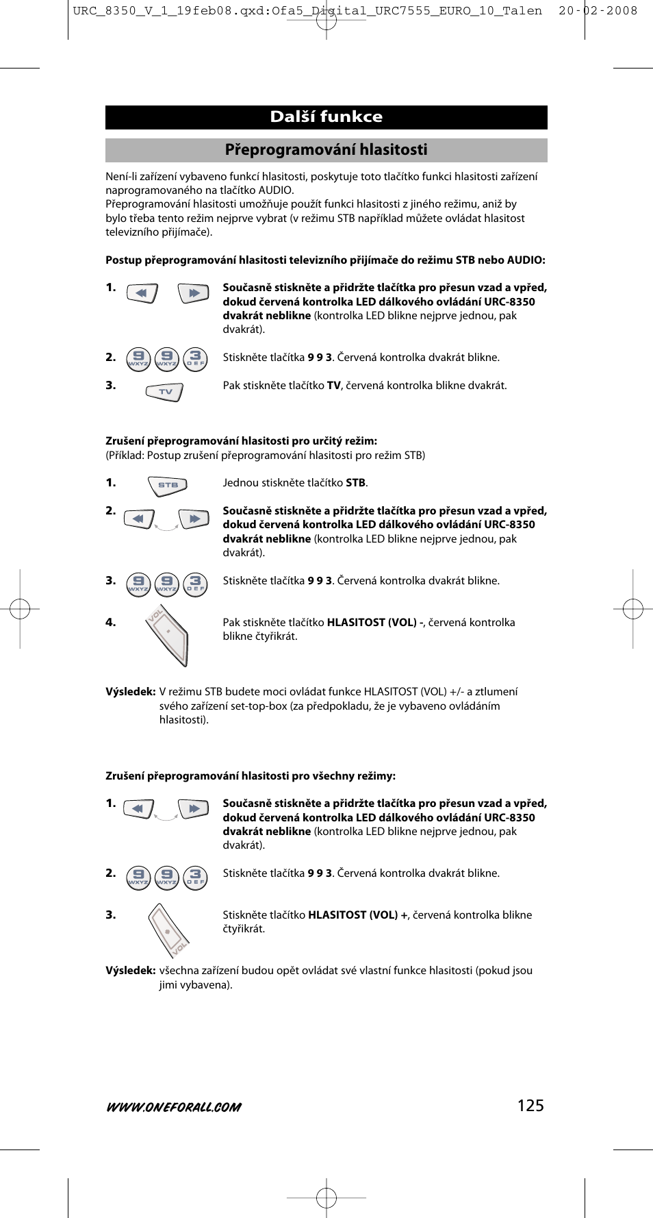 125 další funkce, Přeprogramování hlasitosti | One for All URC-8350 User Manual | Page 126 / 152