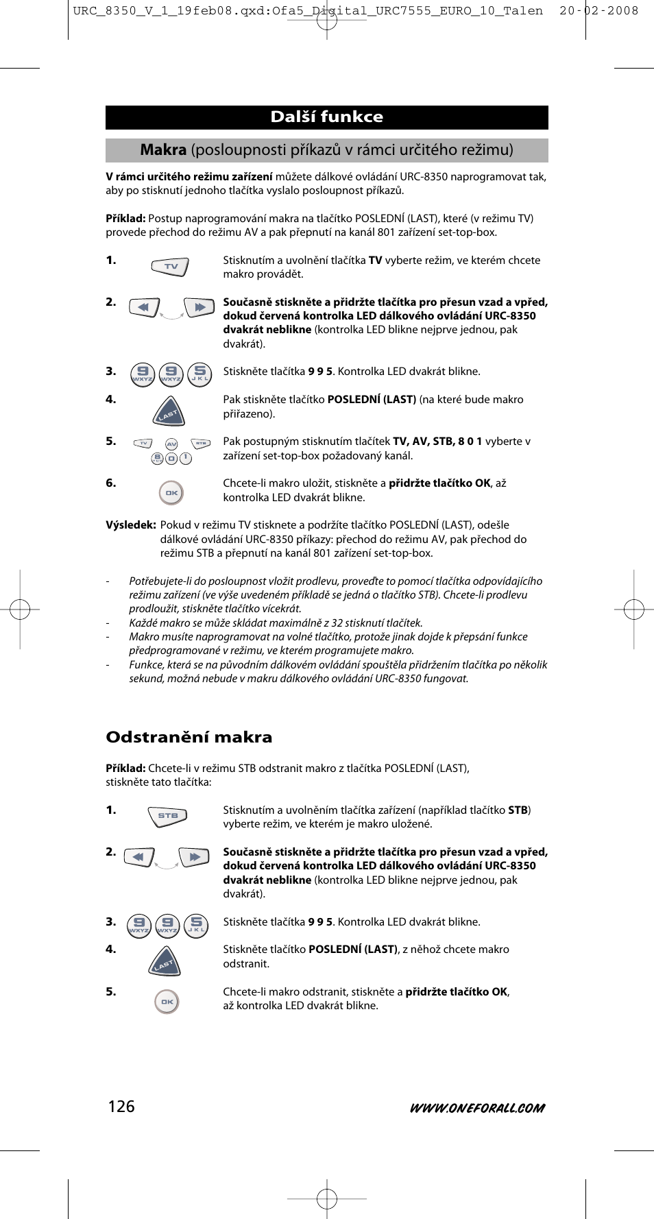 Odstranění makra | One for All URC-8350 User Manual | Page 127 / 152