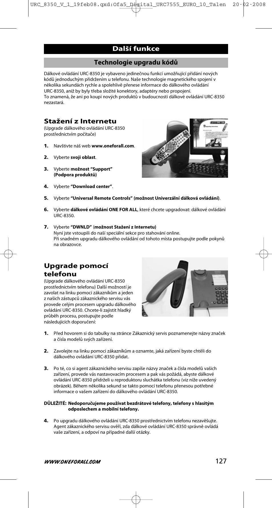 127 další funkce, Stažení z internetu, Upgrade pomocí telefonu | Technologie upgradu kódů | One for All URC-8350 User Manual | Page 128 / 152