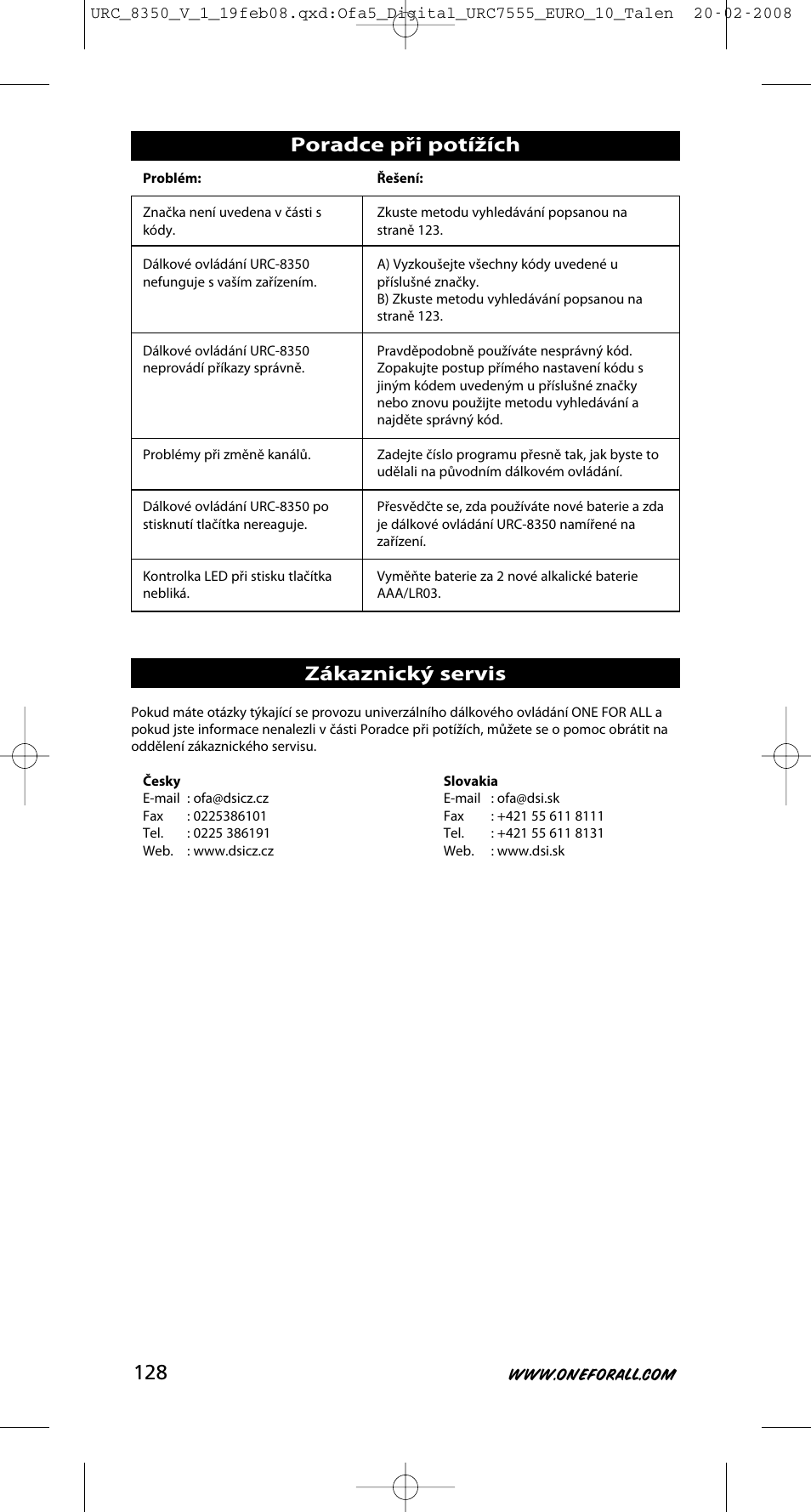 Poradce při potížích zákaznický servis | One for All URC-8350 User Manual | Page 129 / 152