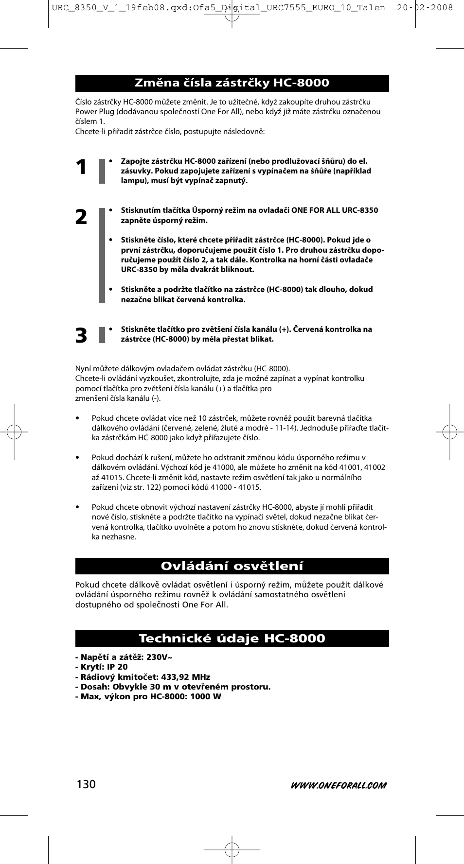 Ovládání osv ětlení, Technické údaje hc-8000, Změna čísla zástrčky hc-8000 | One for All URC-8350 User Manual | Page 131 / 152