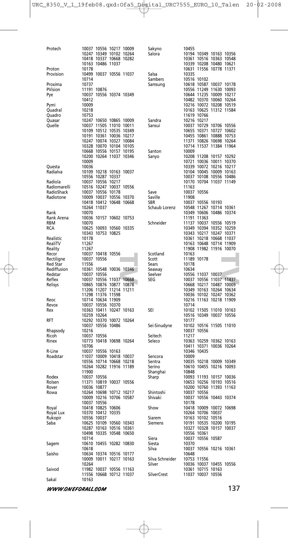 Tv t v | One for All URC-8350 User Manual | Page 138 / 152