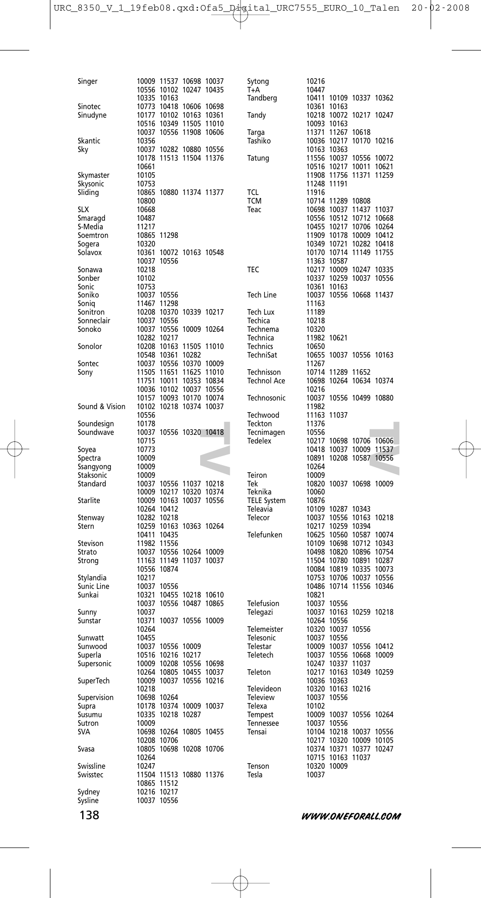 Tv t v | One for All URC-8350 User Manual | Page 139 / 152