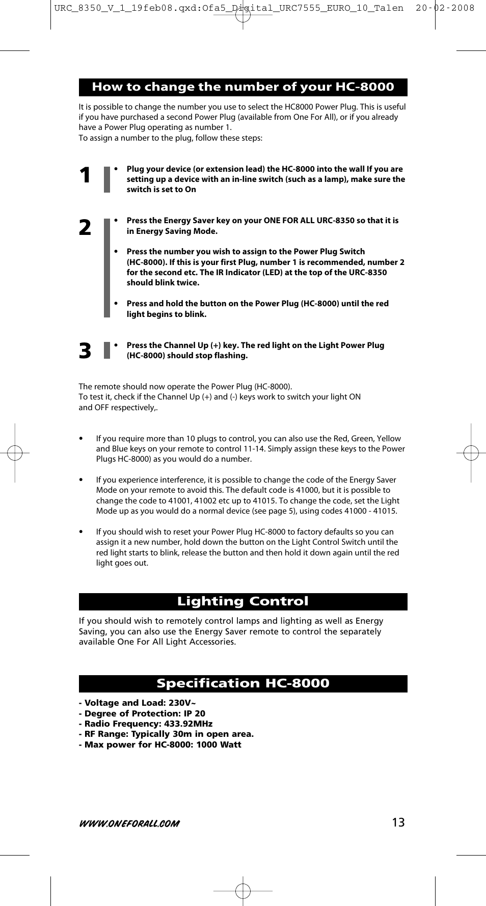 Lighting control, Specification hc-8000, How to change the number of your hc-8000 | One for All URC-8350 User Manual | Page 14 / 152