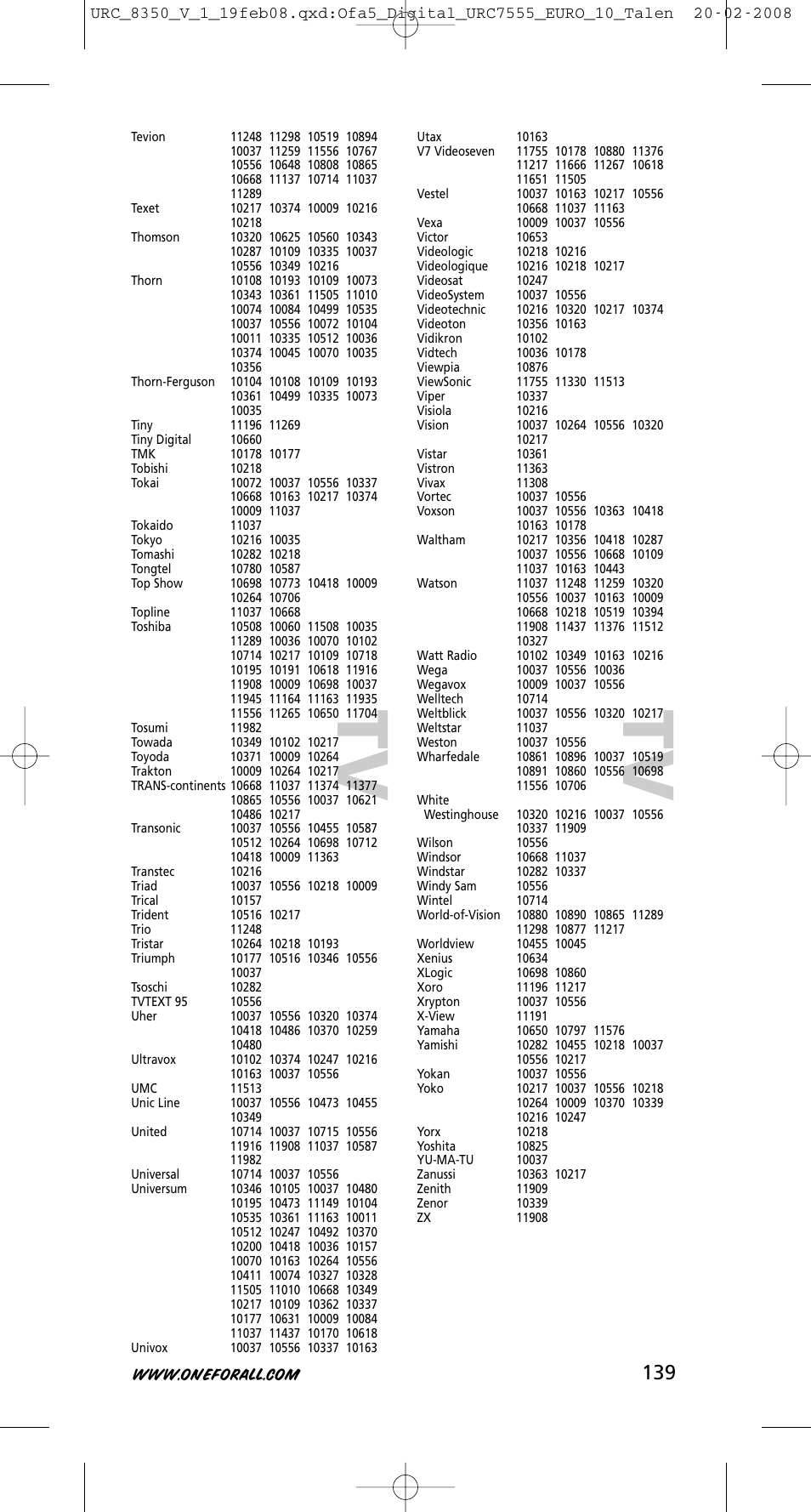 Tv t v | One for All URC-8350 User Manual | Page 140 / 152