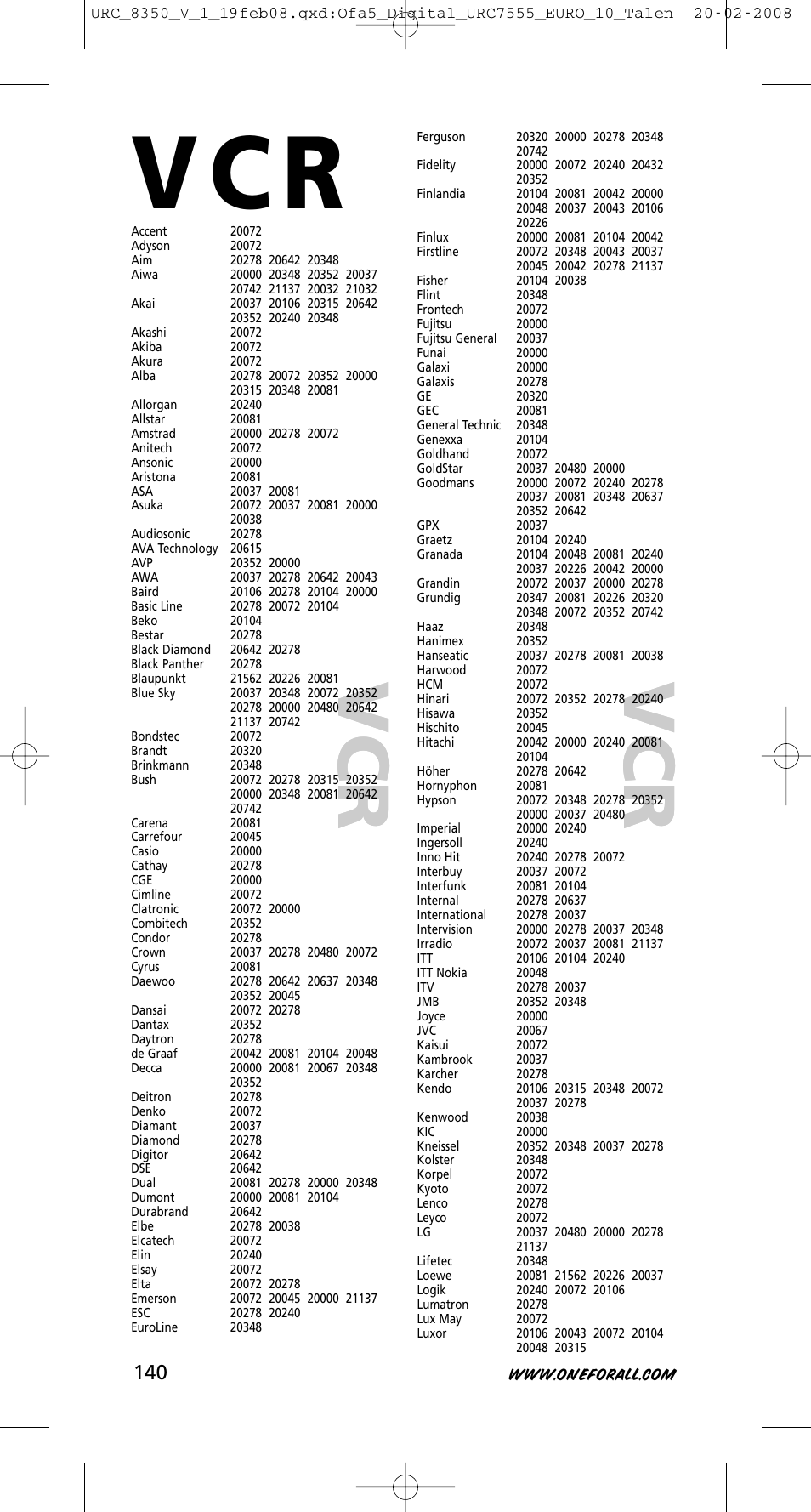 V c r | One for All URC-8350 User Manual | Page 141 / 152