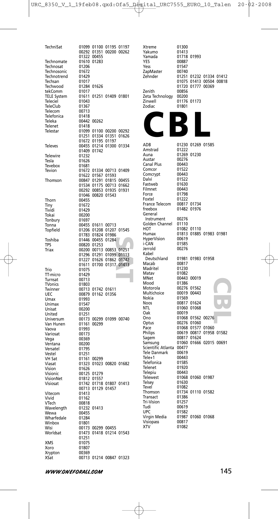 C b l | One for All URC-8350 User Manual | Page 146 / 152