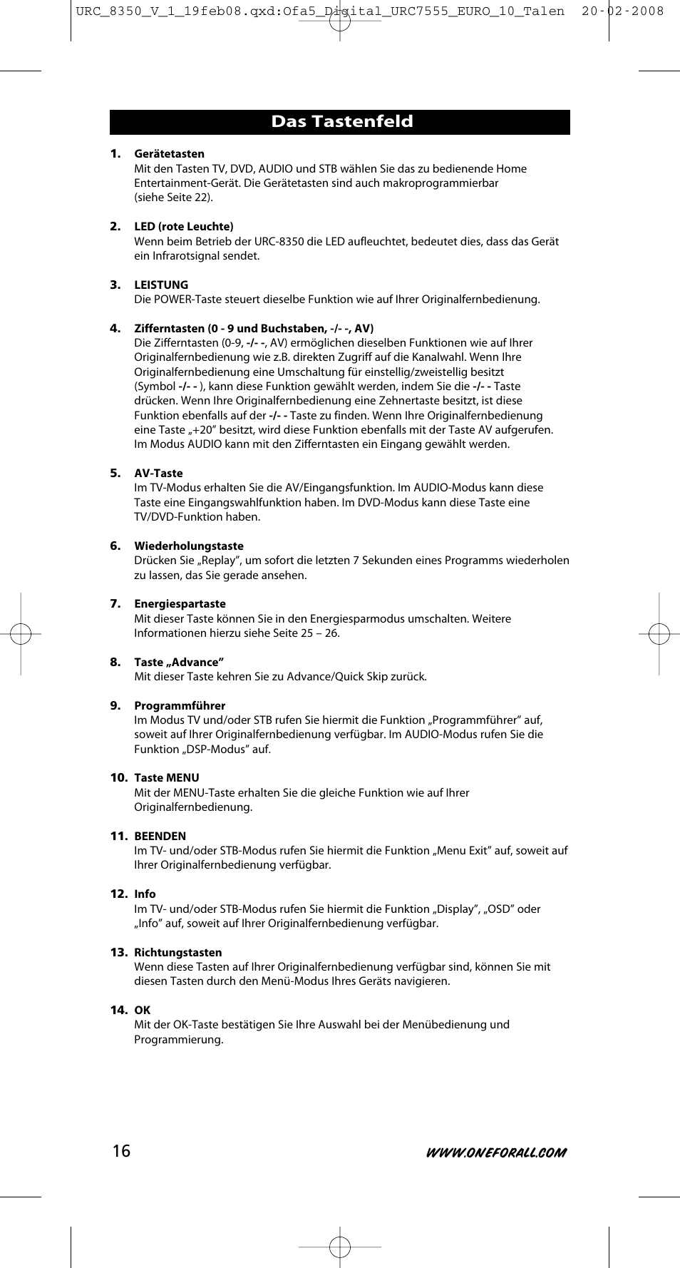 Das tastenfeld | One for All URC-8350 User Manual | Page 17 / 152