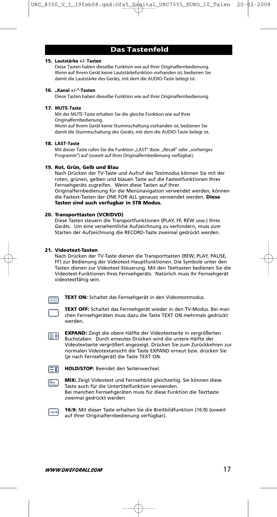 Das tastenfeld | One for All URC-8350 User Manual | Page 18 / 152