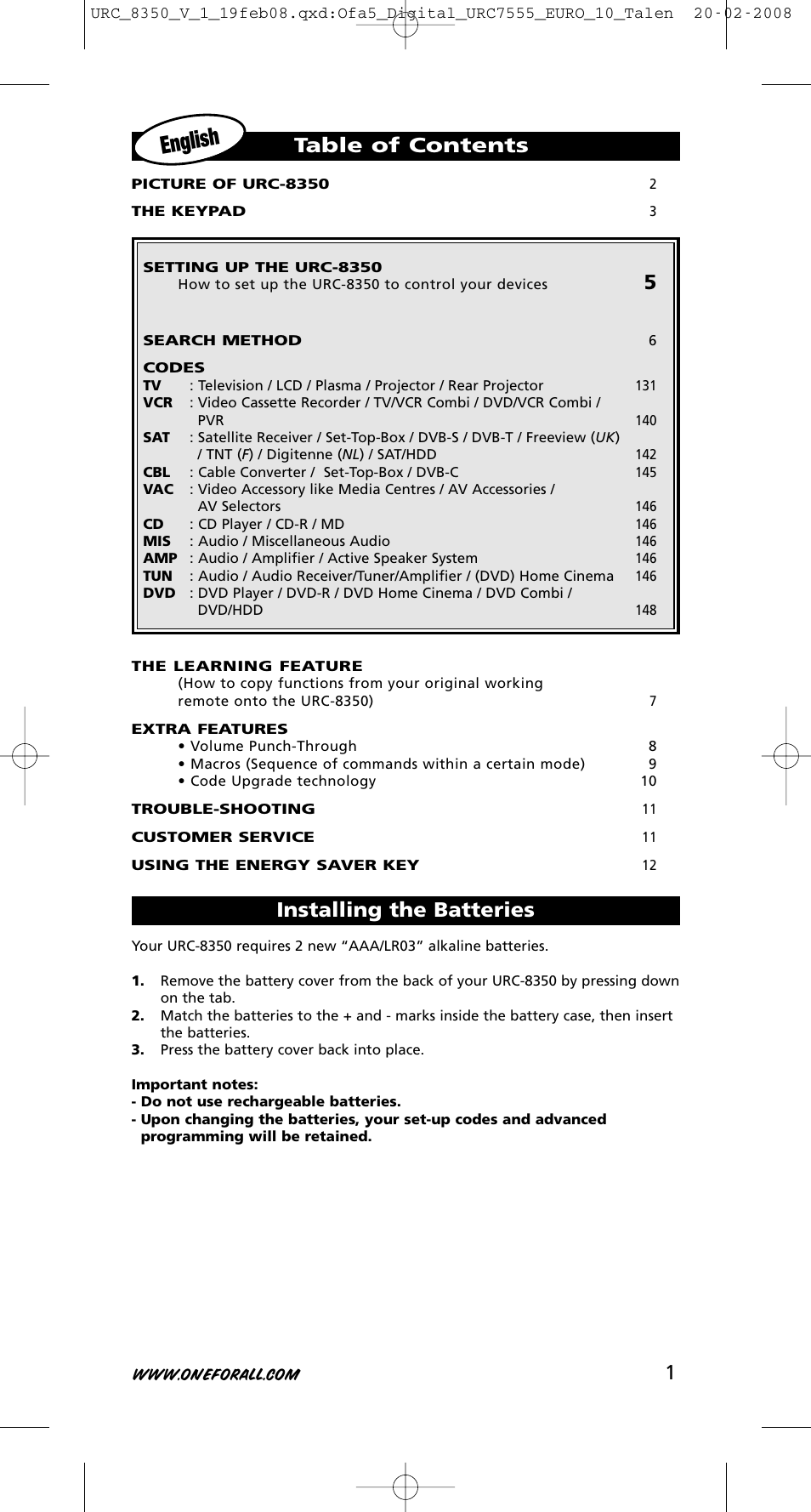 One for All URC-8350 User Manual | Page 2 / 152