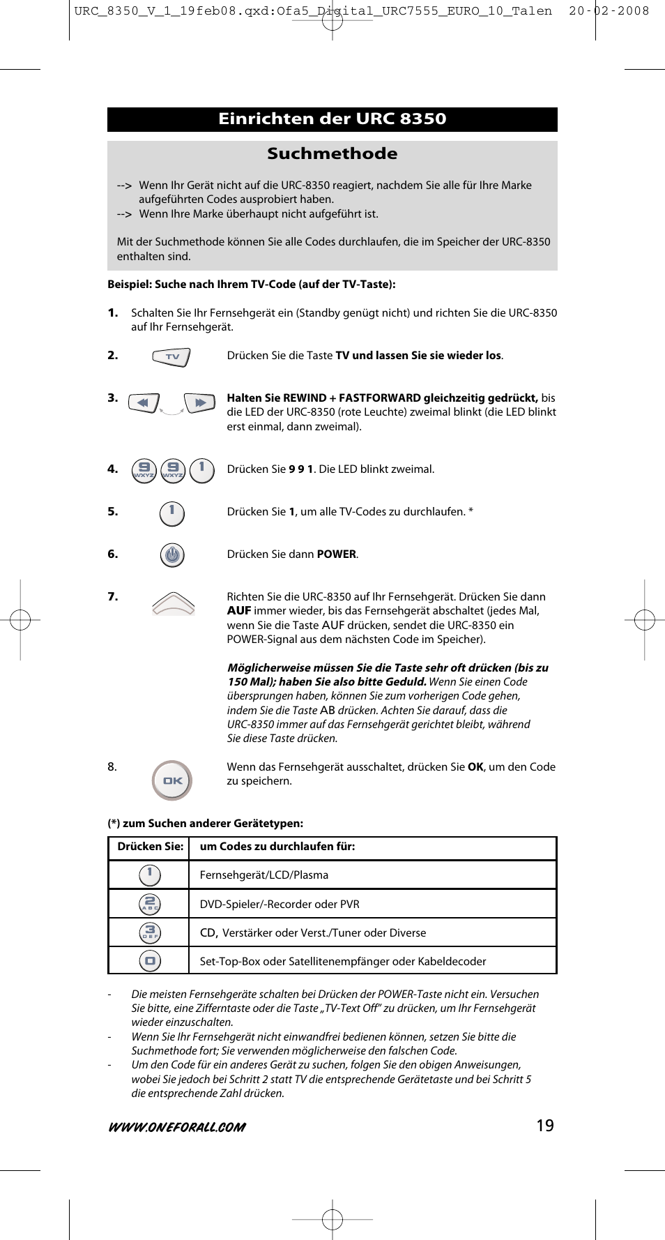 One for All URC-8350 User Manual | Page 20 / 152