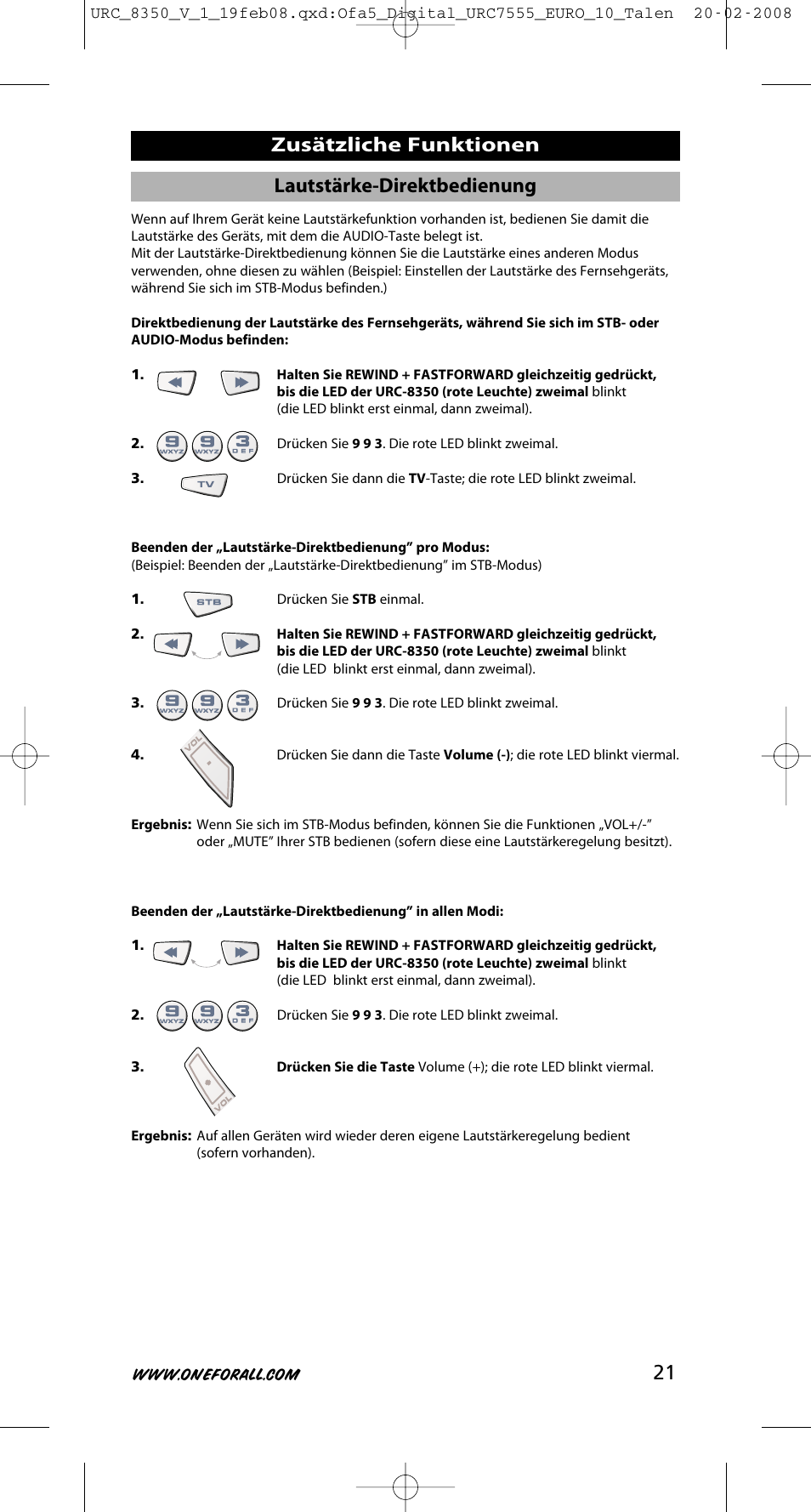 21 zusätzliche funktionen, Lautstärke-direktbedienung | One for All URC-8350 User Manual | Page 22 / 152