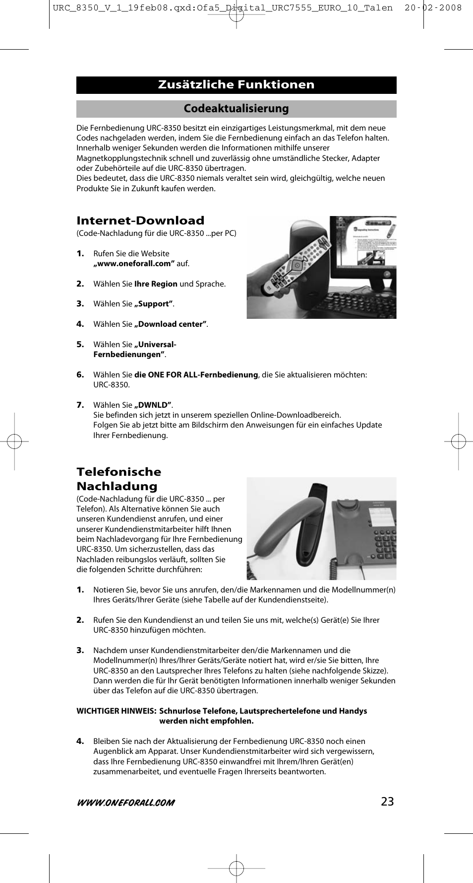 23 zusätzliche funktionen, Internet-download, Telefonische nachladung | Codeaktualisierung | One for All URC-8350 User Manual | Page 24 / 152