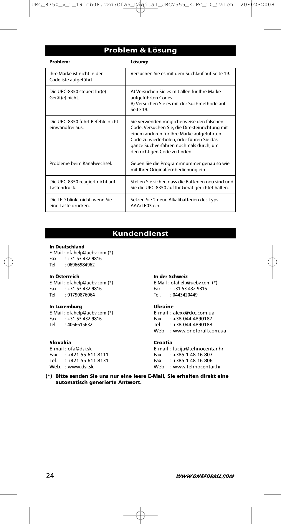 Problem & lösung kundendienst | One for All URC-8350 User Manual | Page 25 / 152