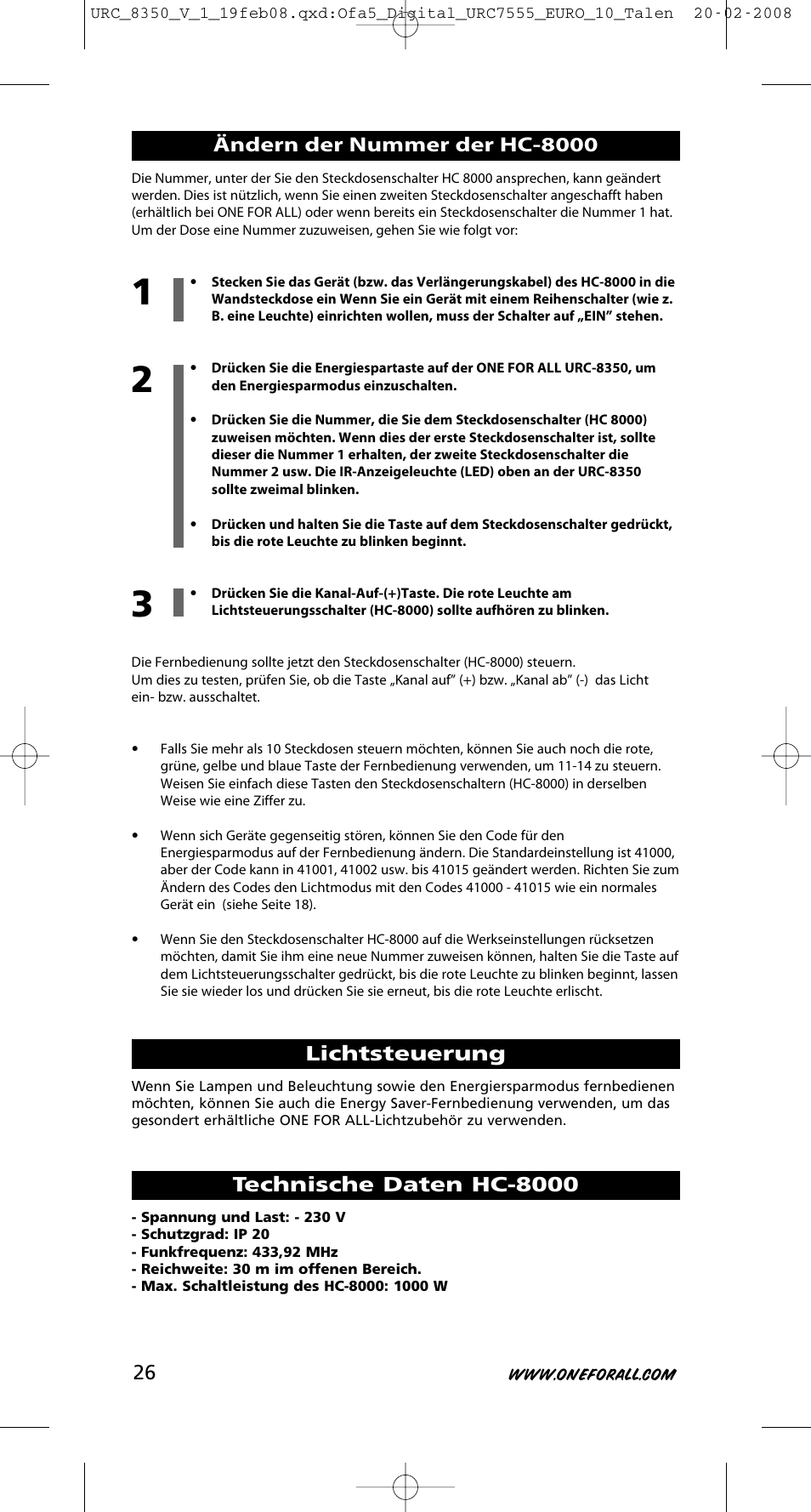 Lichtsteuerung, Technische daten hc-8000, Ändern der nummer der hc-8000 | One for All URC-8350 User Manual | Page 27 / 152