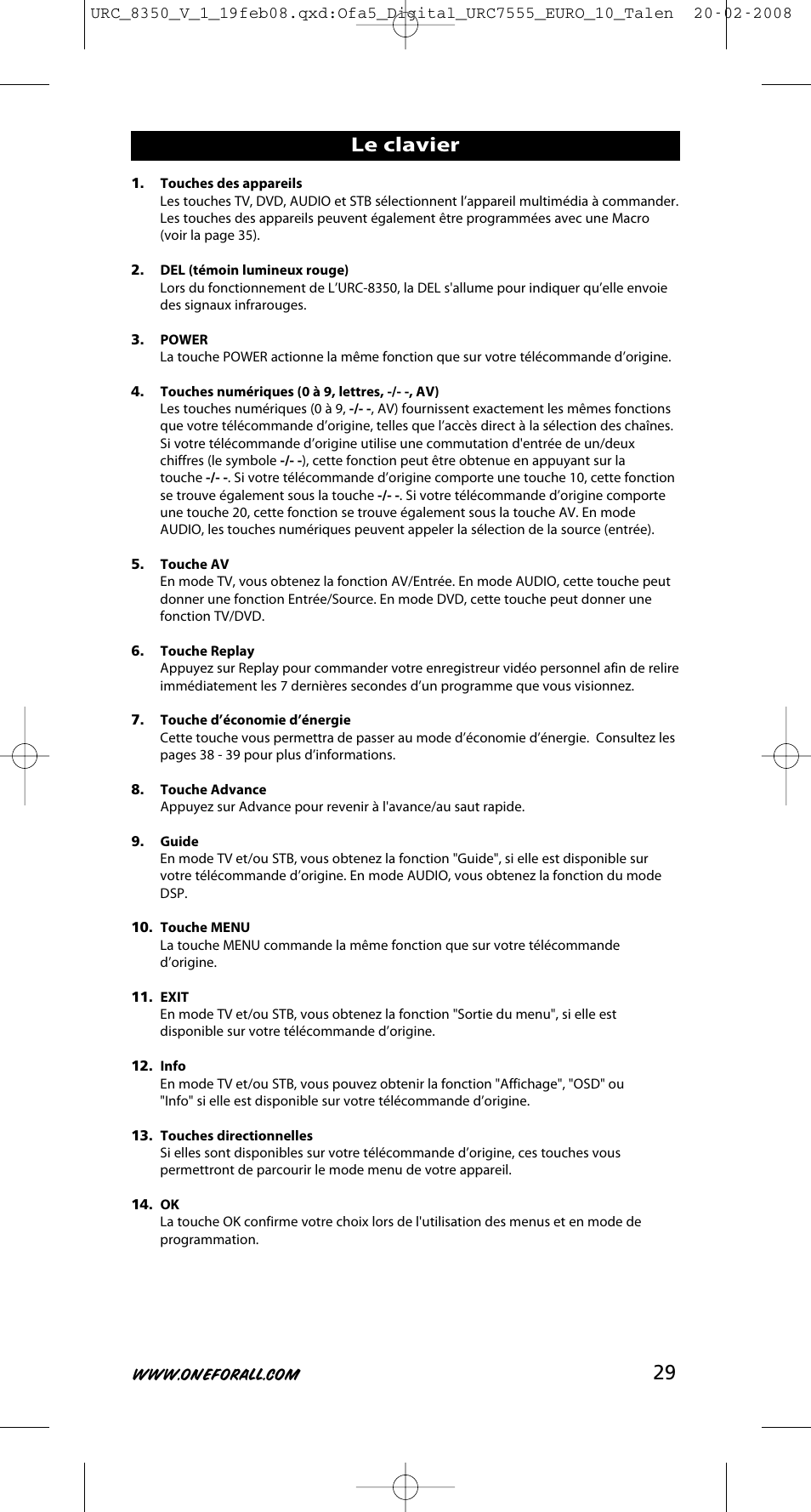 Le clavier | One for All URC-8350 User Manual | Page 30 / 152