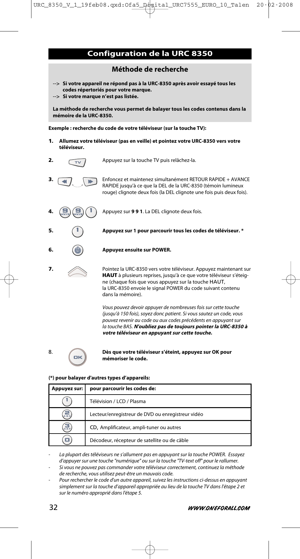 Configuration de la urc 8350 méthode de recherche | One for All URC-8350 User Manual | Page 33 / 152