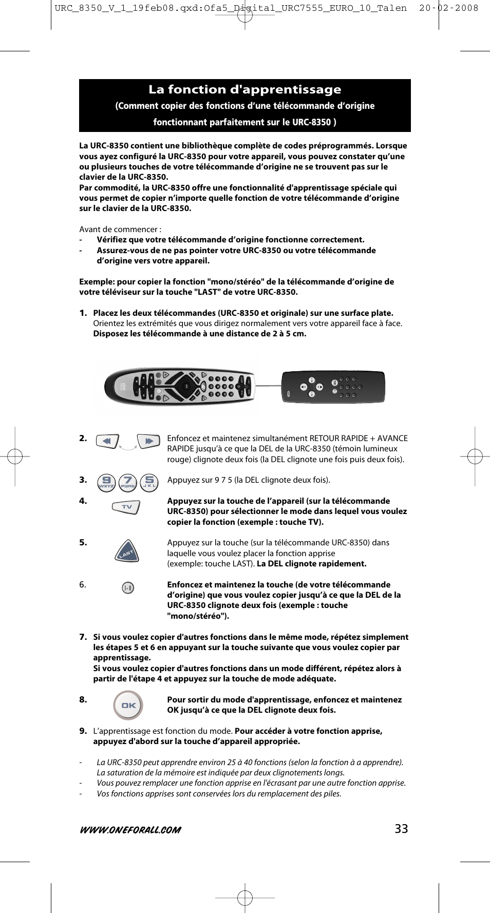 La fonction d'apprentissage | One for All URC-8350 User Manual | Page 34 / 152