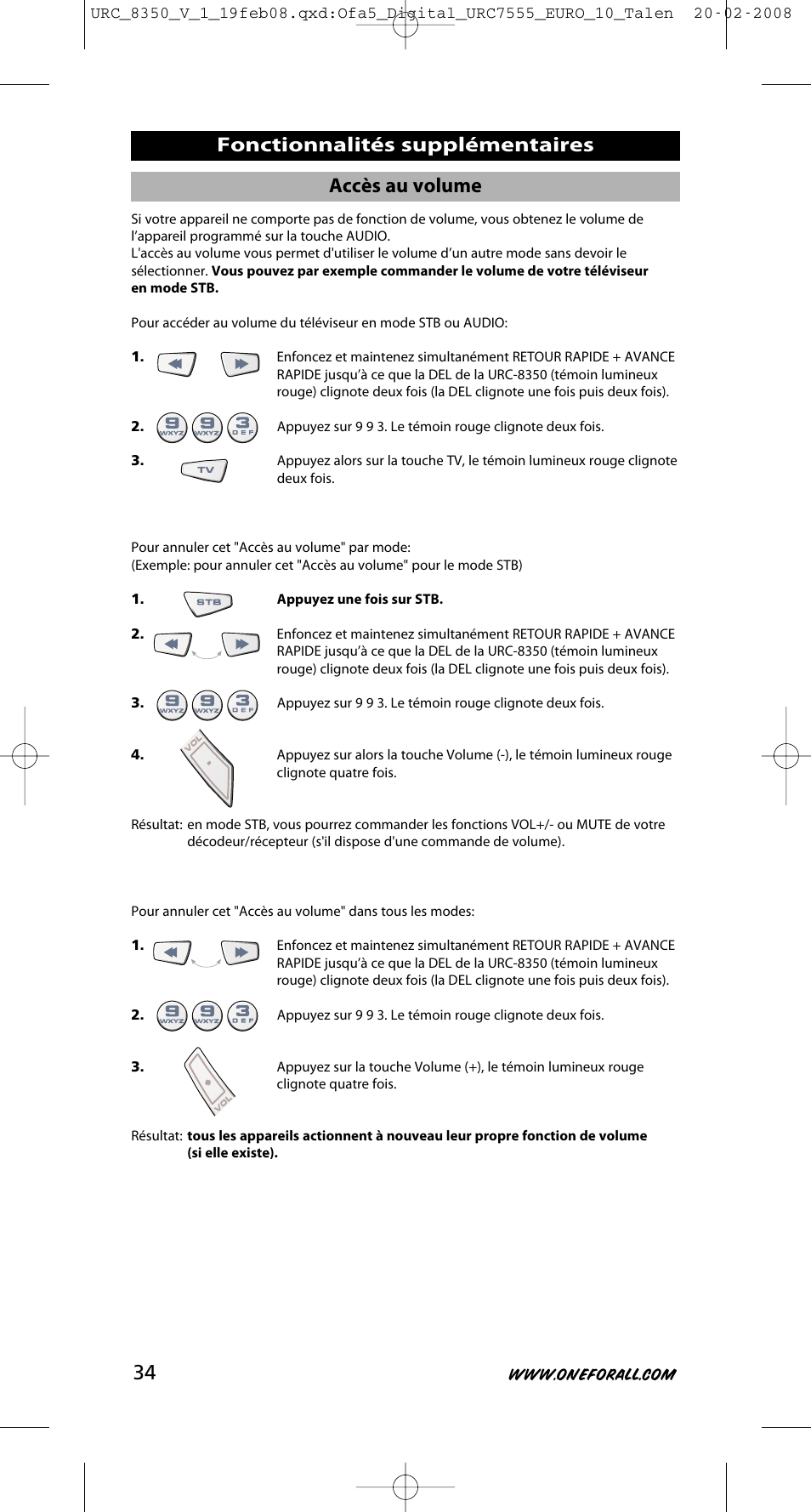 Fonctionnalités supplémentaires, Accès au volume | One for All URC-8350 User Manual | Page 35 / 152