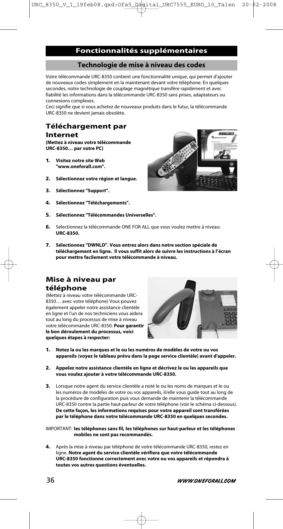 Fonctionnalités supplémentaires, Téléchargement par internet, Mise à niveau par téléphone | Technologie de mise à niveau des codes | One for All URC-8350 User Manual | Page 37 / 152