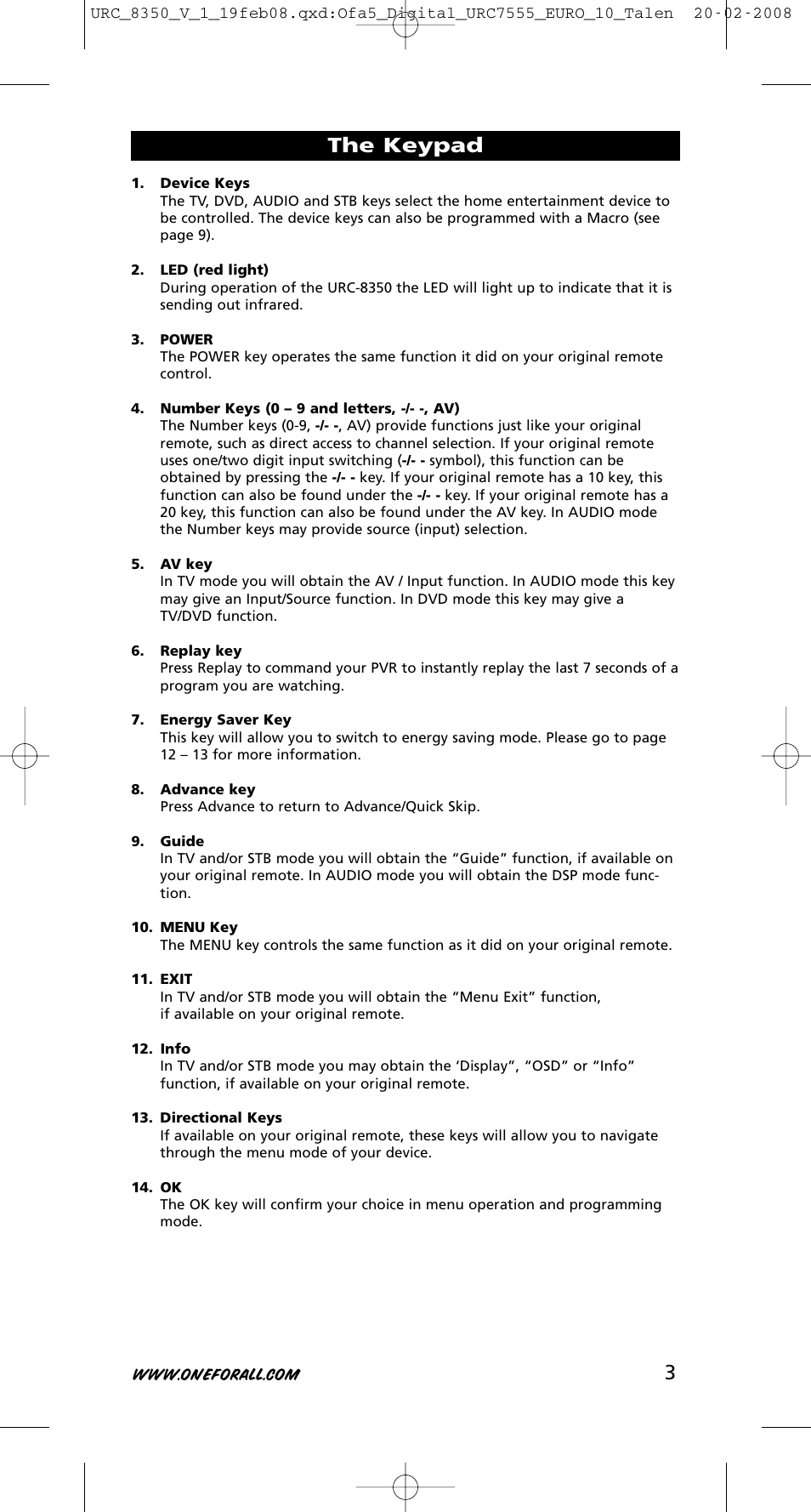 The keypad | One for All URC-8350 User Manual | Page 4 / 152