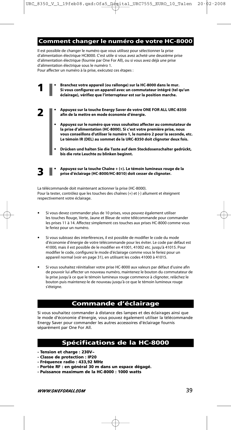 Commande d’éclairage, Spécifications de la hc-8000, Comment changer le numéro de votre hc-8000 | One for All URC-8350 User Manual | Page 40 / 152