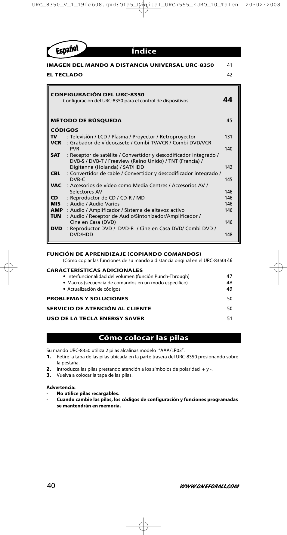 Español, Índice, Cómo colocar las pilas | One for All URC-8350 User Manual | Page 41 / 152