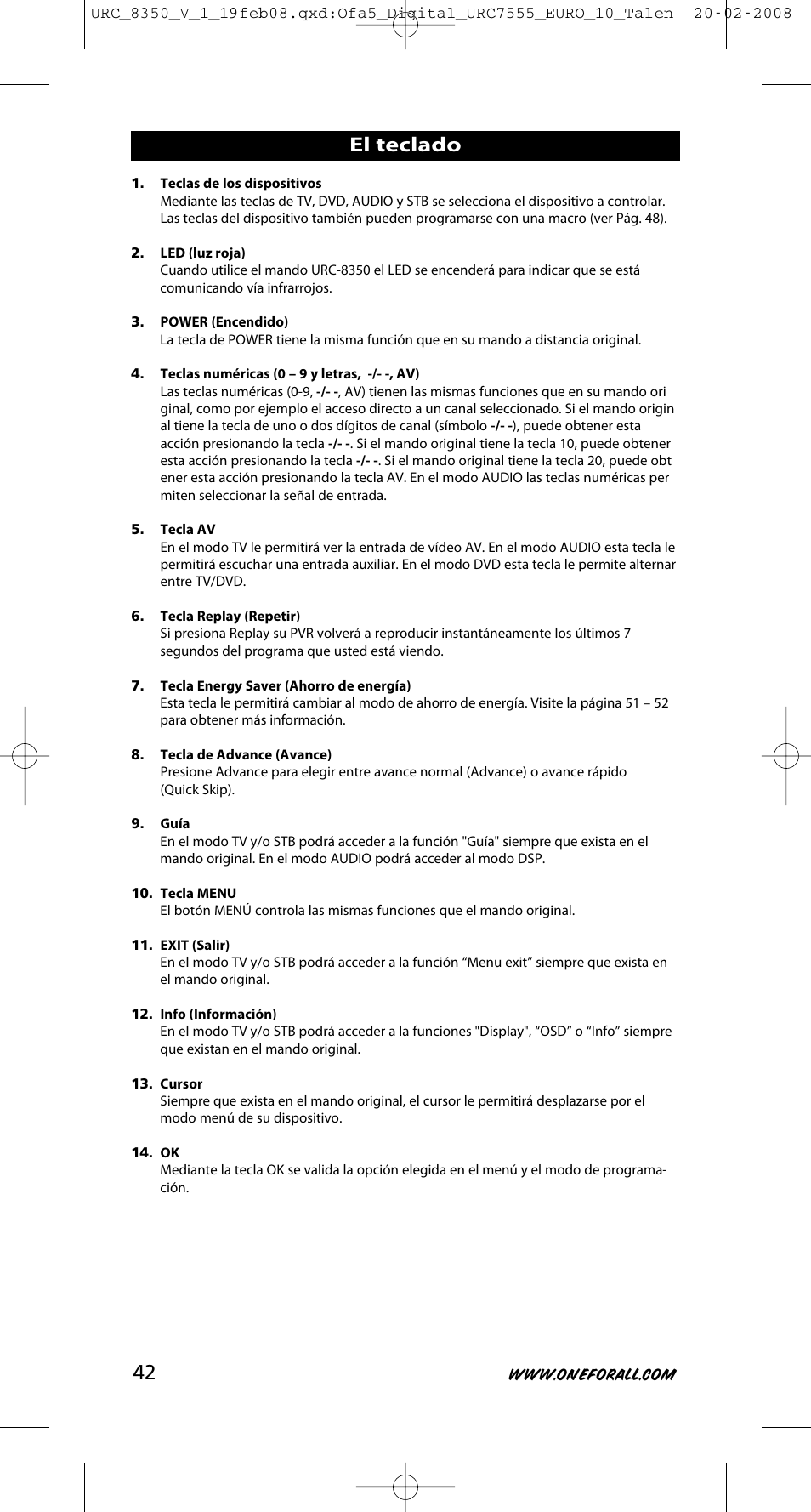 El teclado | One for All URC-8350 User Manual | Page 43 / 152