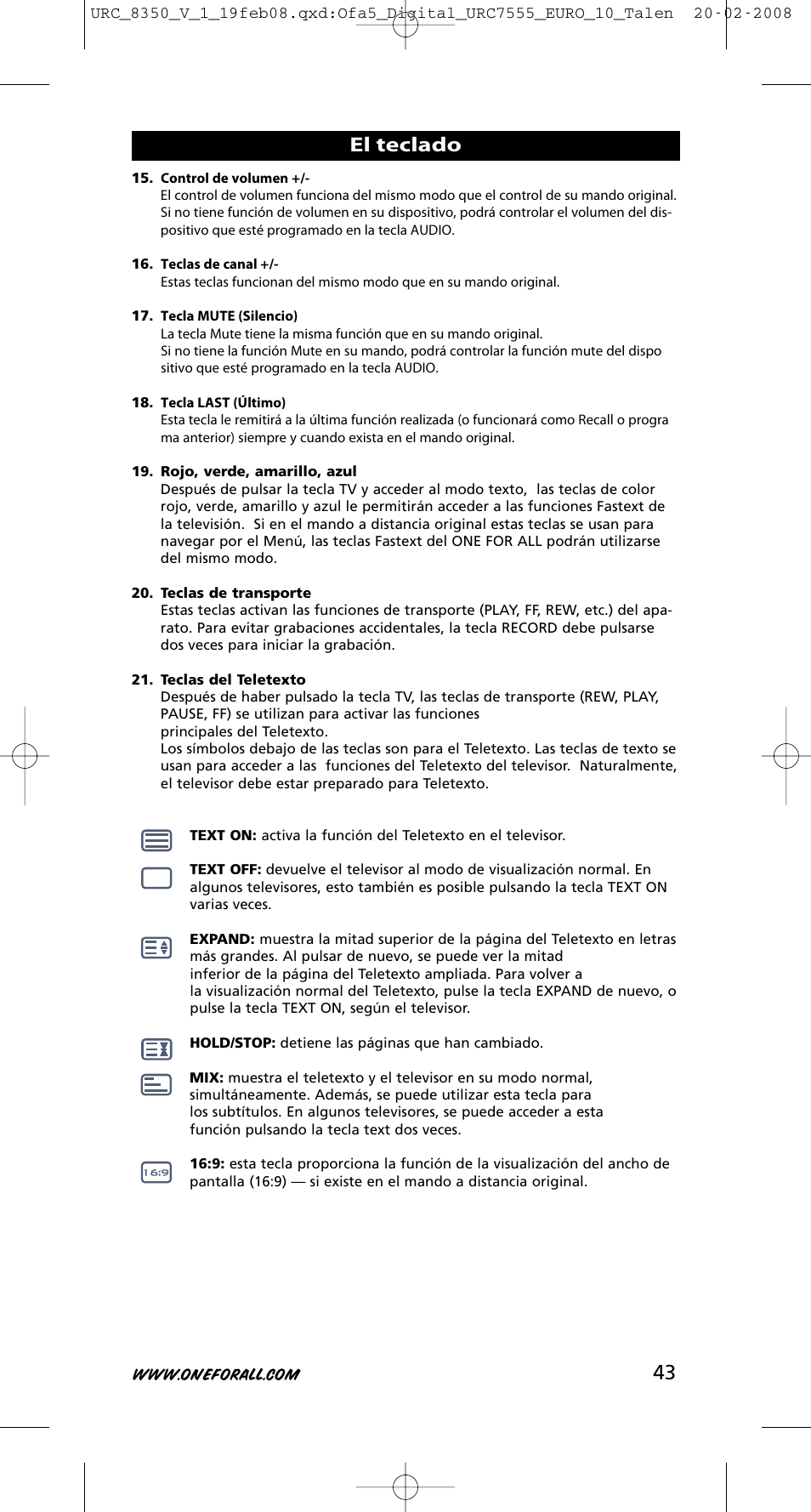 El teclado | One for All URC-8350 User Manual | Page 44 / 152