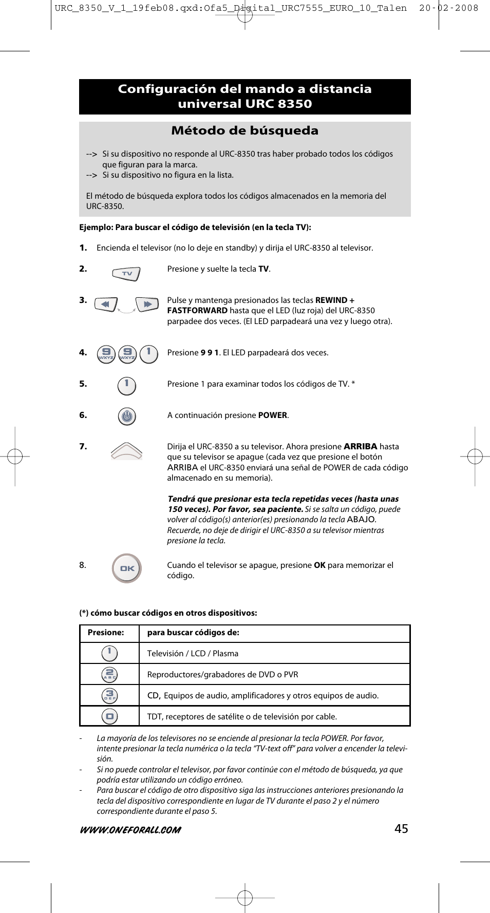 45 método de búsqueda | One for All URC-8350 User Manual | Page 46 / 152