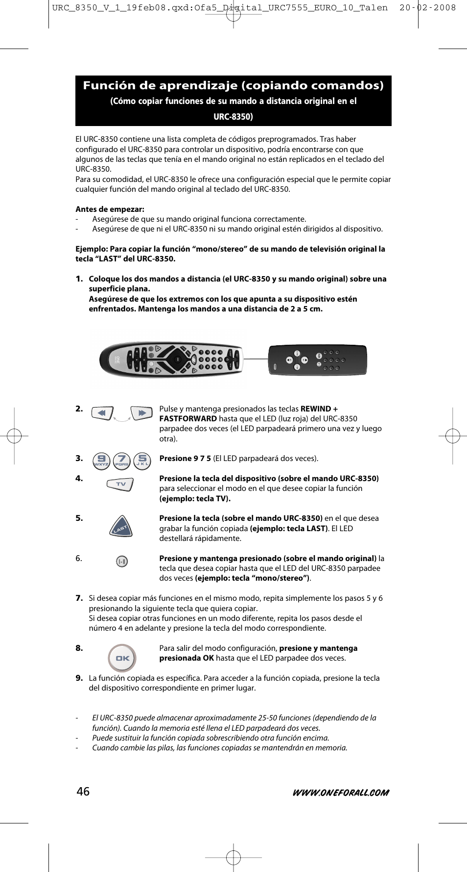 Función de aprendizaje (copiando comandos) | One for All URC-8350 User Manual | Page 47 / 152