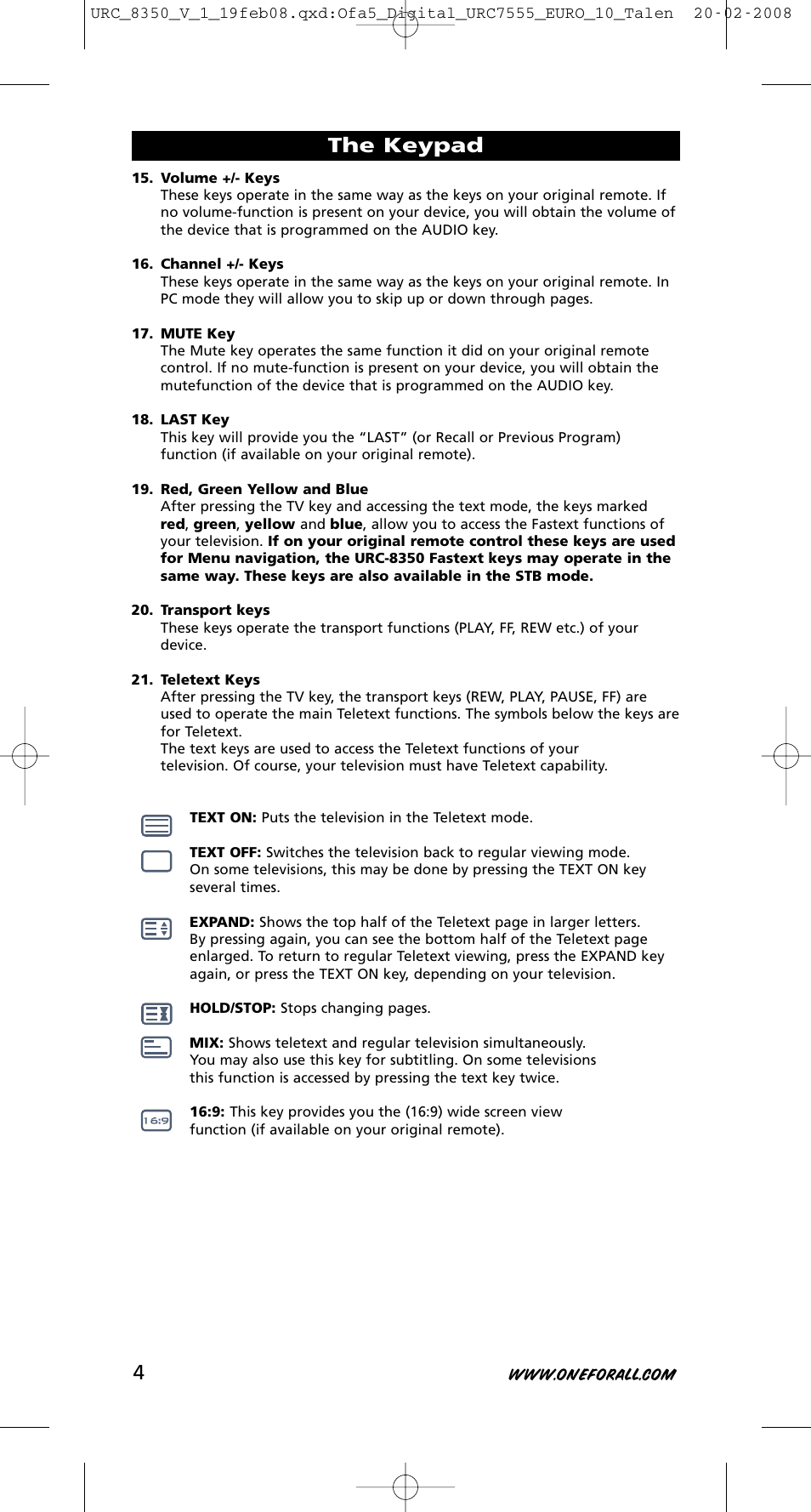 The keypad | One for All URC-8350 User Manual | Page 5 / 152