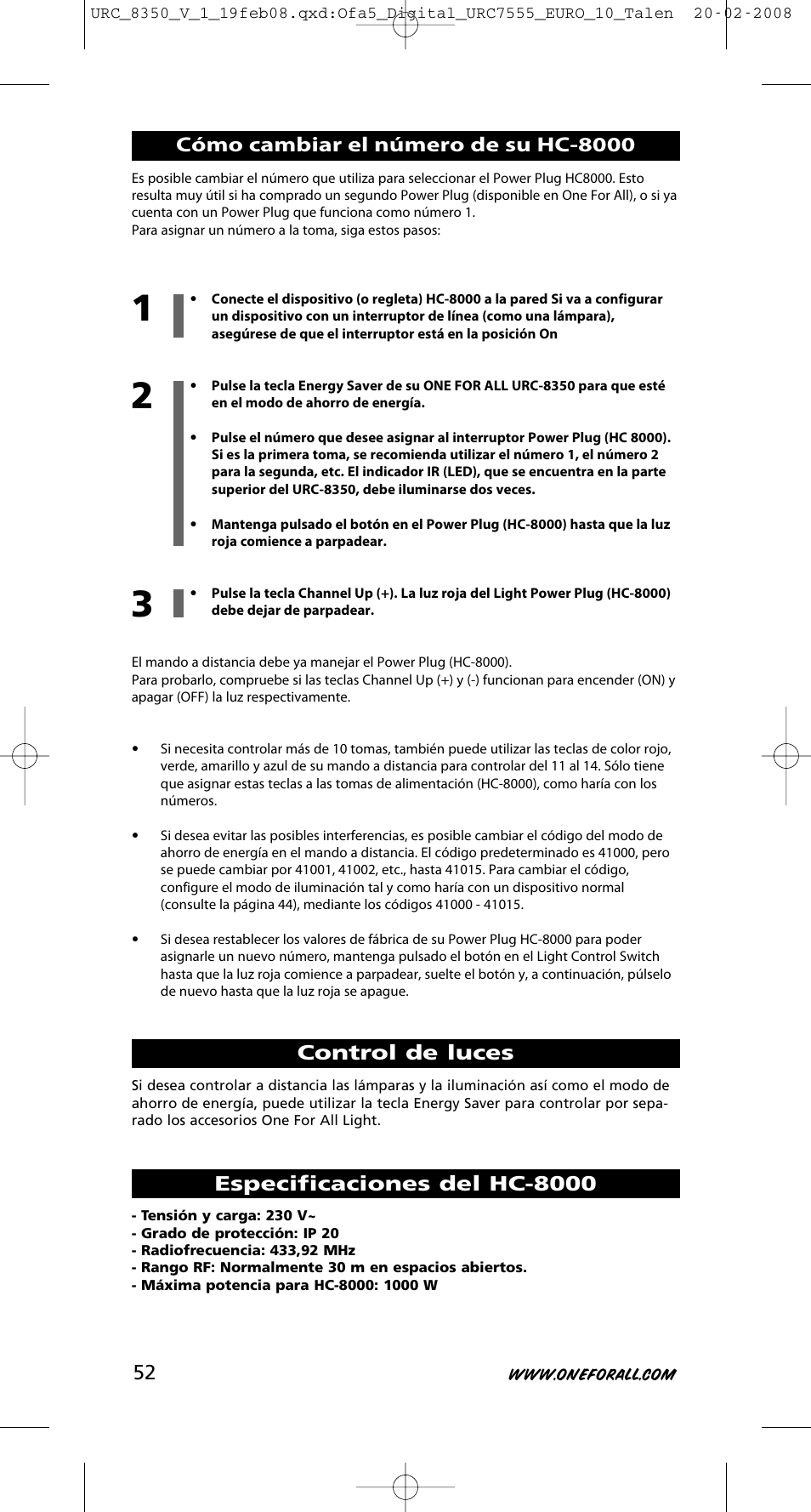 Control de luces, Especificaciones del hc-8000, Cómo cambiar el número de su hc-8000 | One for All URC-8350 User Manual | Page 53 / 152