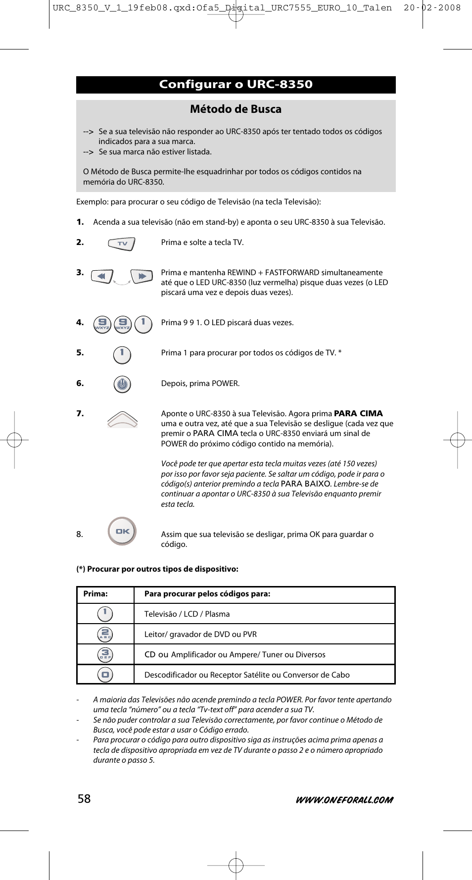 Configurar o urc-8350 método de busca | One for All URC-8350 User Manual | Page 59 / 152