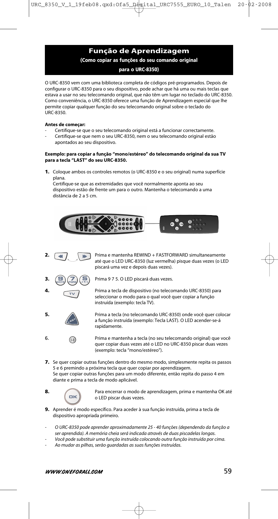 Função de aprendizagem | One for All URC-8350 User Manual | Page 60 / 152