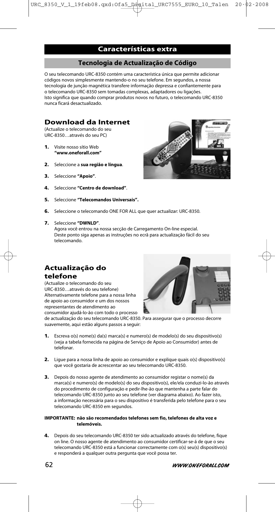 Características extra, Download da internet, Actualização do telefone | Tecnologia de actualização de código | One for All URC-8350 User Manual | Page 63 / 152