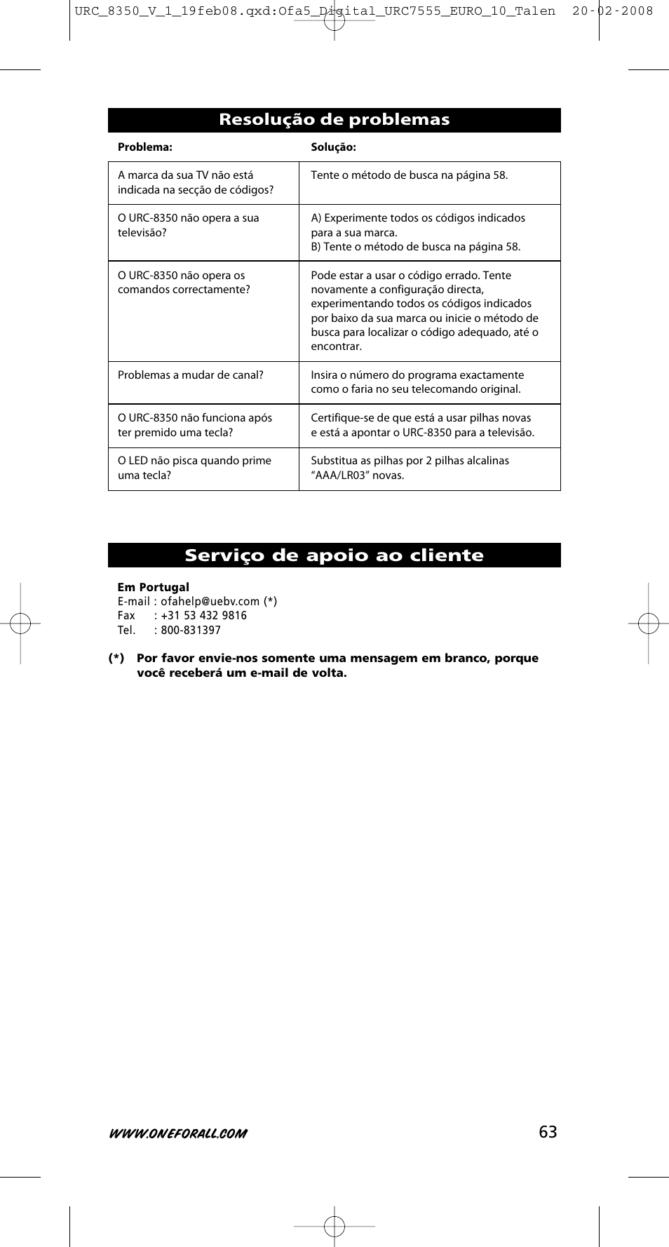 Resolução de problemas serviço de apoio ao cliente | One for All URC-8350 User Manual | Page 64 / 152