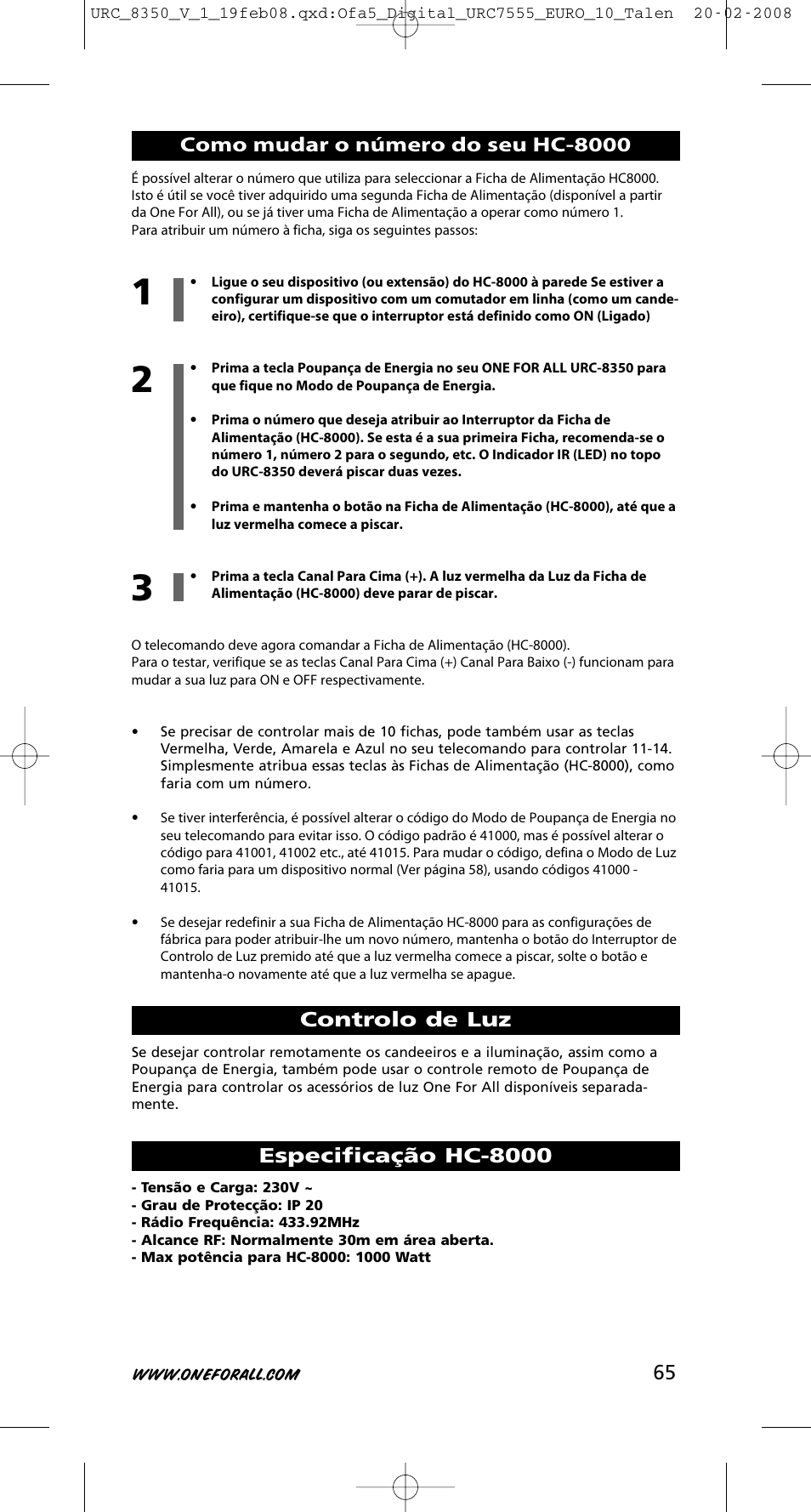 Controlo de luz, Especificação hc-8000, Como mudar o número do seu hc-8000 | One for All URC-8350 User Manual | Page 66 / 152