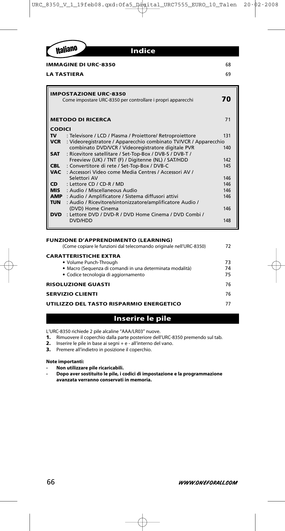 Italiano, Indice, Inserire le pile | One for All URC-8350 User Manual | Page 67 / 152